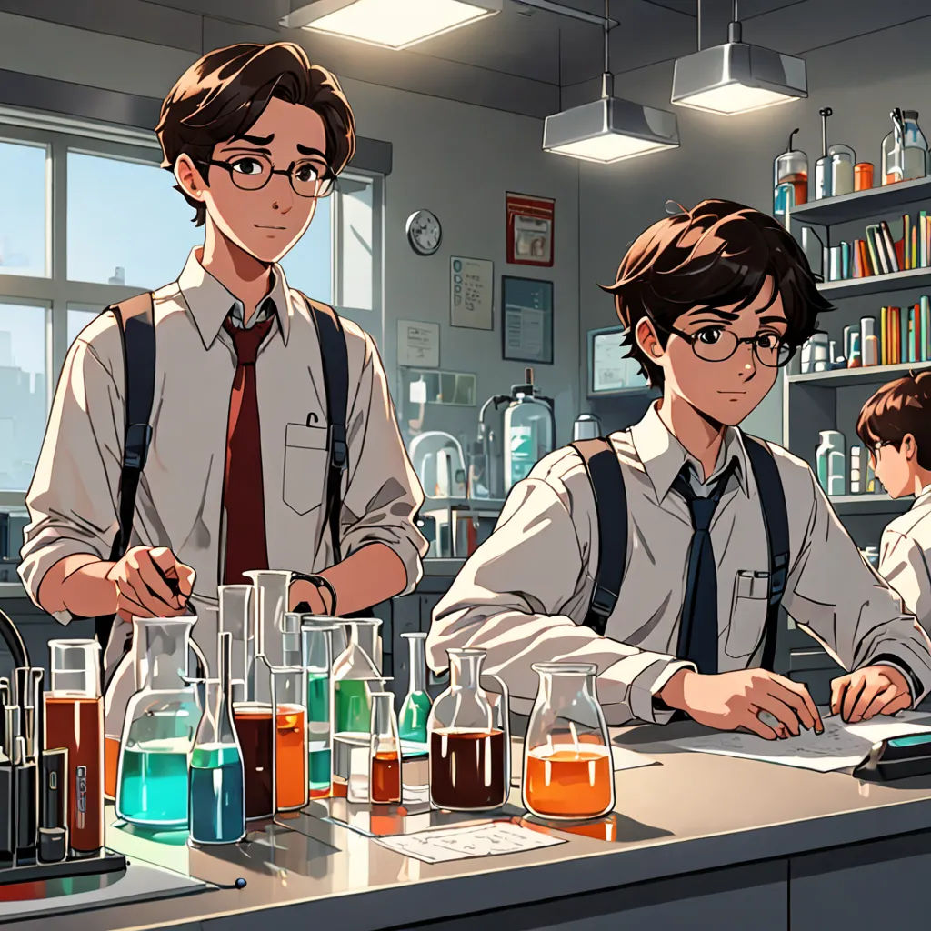 two men in lab coats working on a computer in a laboratory with beaks and flasks on the counter, academic art, a comic book panel, Brothers Hildebrandt, official art