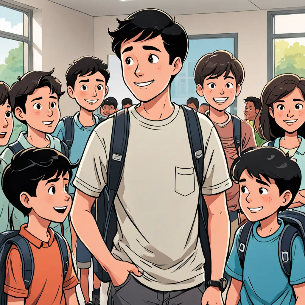a man standing in front of a group of people in a room with a backpack on his shoulder and a backpack on his shoulder, vancouver school, a comic book panel, Asaf Hanuka, graphic novel