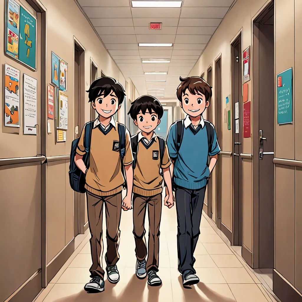 three boys walking down a hallway in school uniforms with backpacks on their shoulders and a backpack on their shoulder, rayonism, a comic book panel, Baiōken Eishun, official art