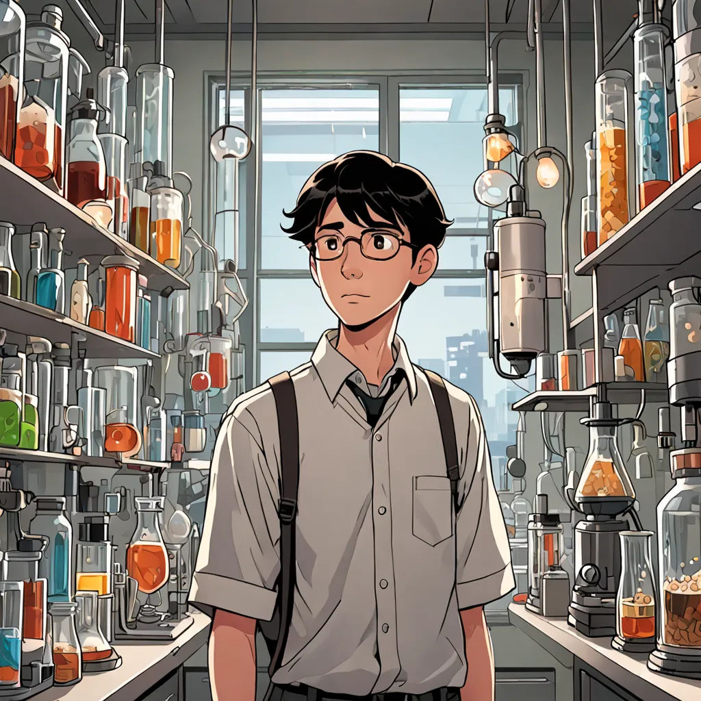 a man standing in a lab with a lot of bottles on the shelves and a lamp hanging from the ceiling, academic art, a comic book panel, Asaf Hanuka, rossdraws global illumination