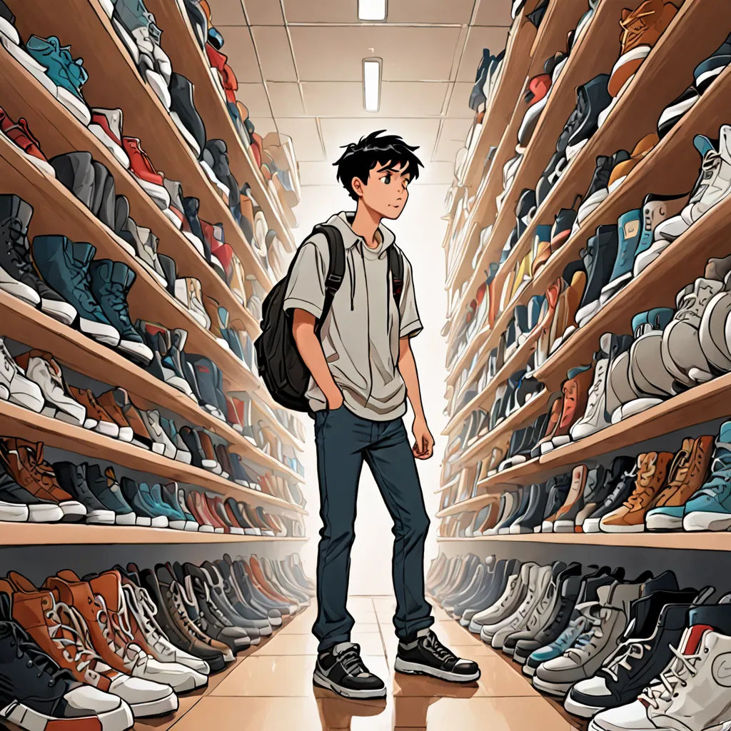 a man standing in a room filled with lots of shoes and backpacks on shelves next to shelves of shoes, photorealism, poster art, Asaf Hanuka, official art