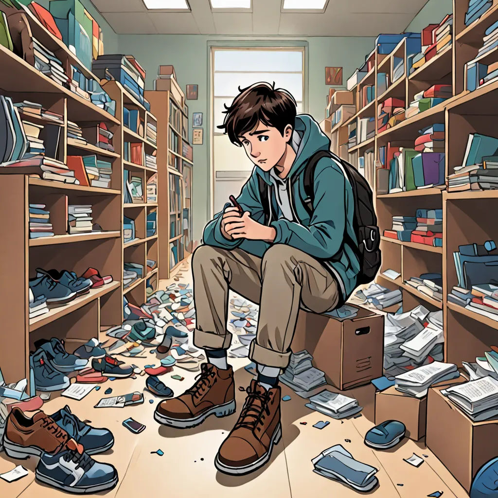 a boy sitting on a box in a library filled with books and shoes, surrounded by piles of books, postminimalism, a comic book panel, Asaf Hanuka, official art