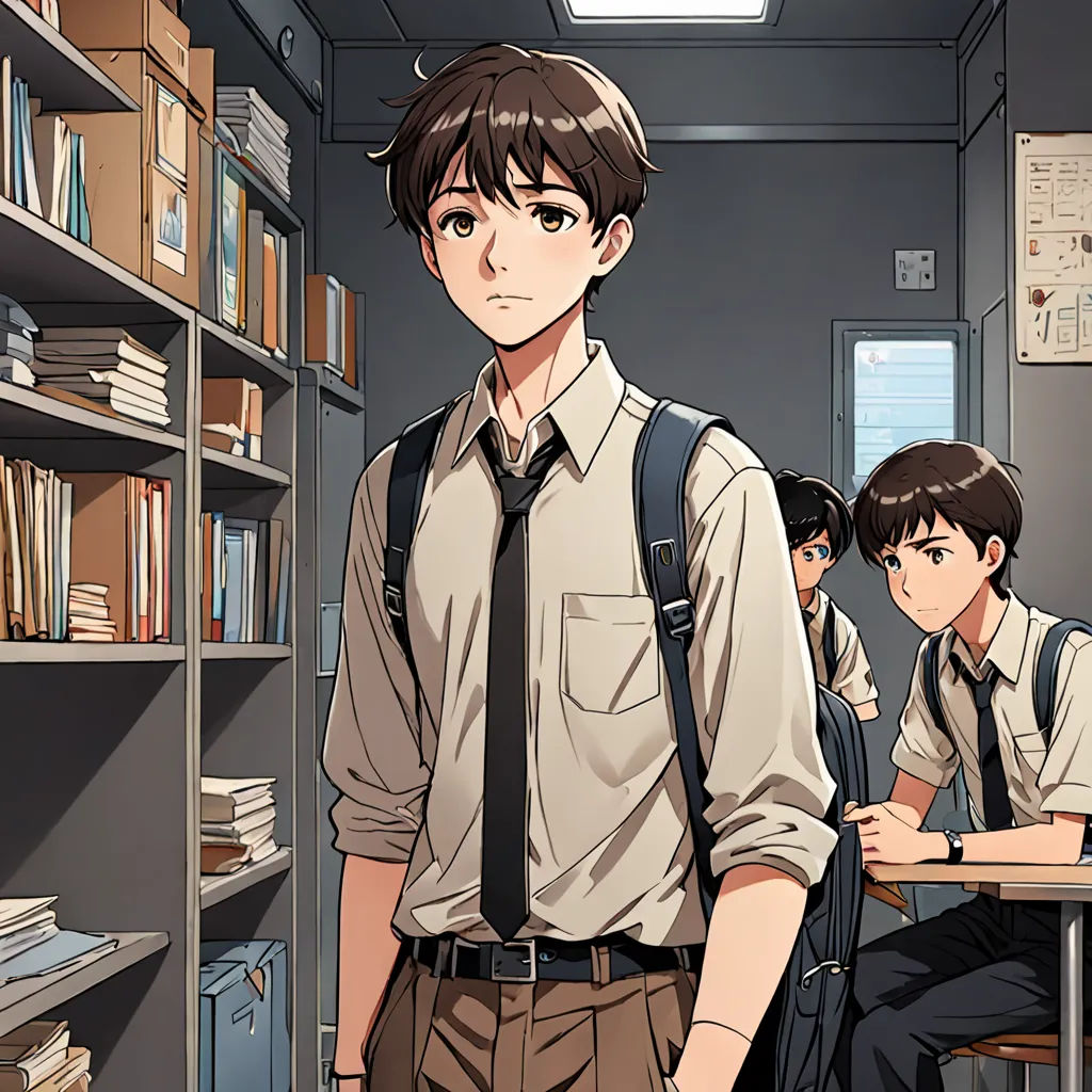 a man standing in a room with a bunch of books on the shelves and a boy in a tie, remodernism, a comic book panel, Adam Manyoki, official art