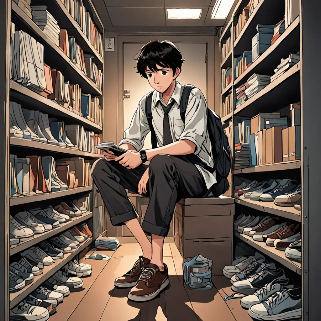 a boy sitting on a box in a library reading a book and looking at a book in his hand, photorealism, a comic book panel, Artgerm, official art