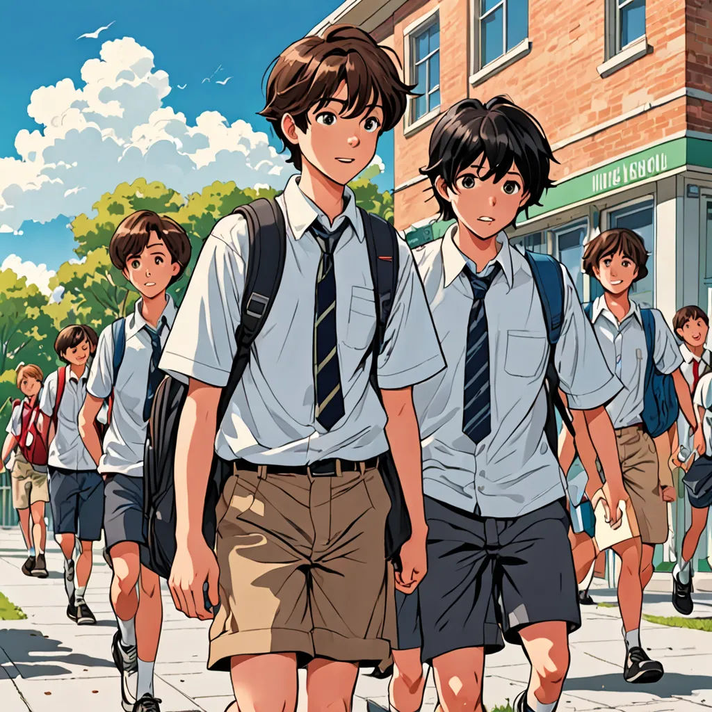 a group of young men walking down a street next to a building with a bunch of kids in uniform, rayonism, a comic book panel, Brothers Hildebrandt, official art