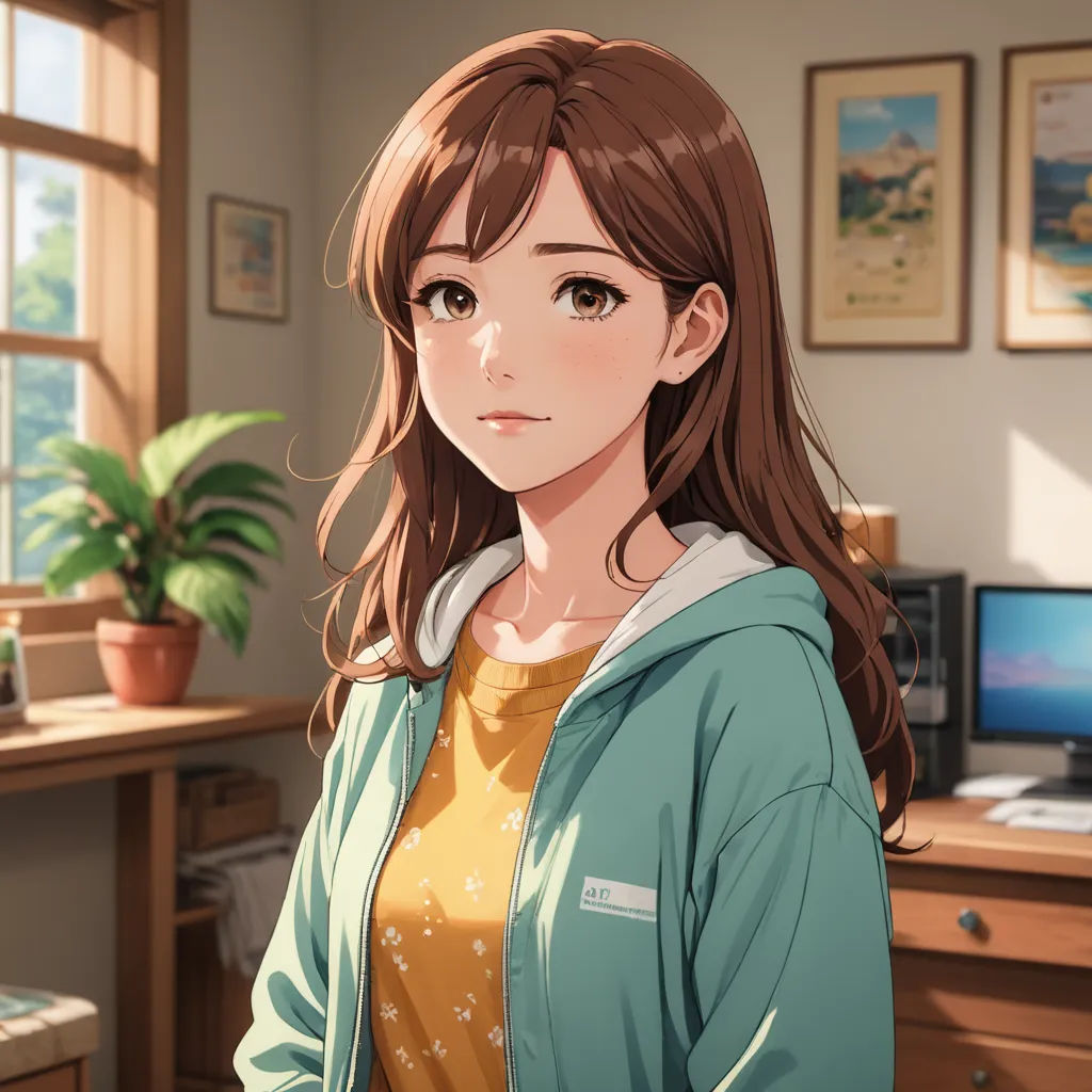 a woman standing in a room with a computer on a desk and a plant in the corner of the room, sots art, a character portrait, Chizuko Yoshida, official art
