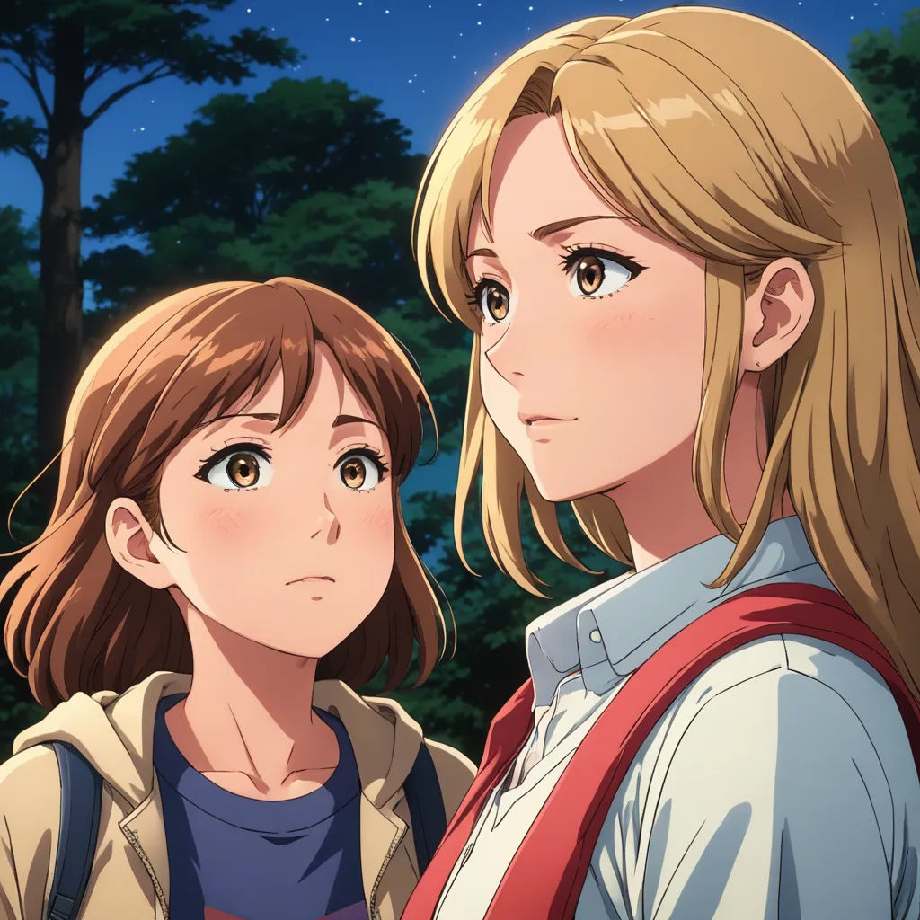 two young women standing next to each other in front of a forest at night with stars in the sky, sots art, a poster, Aya Goda, official art