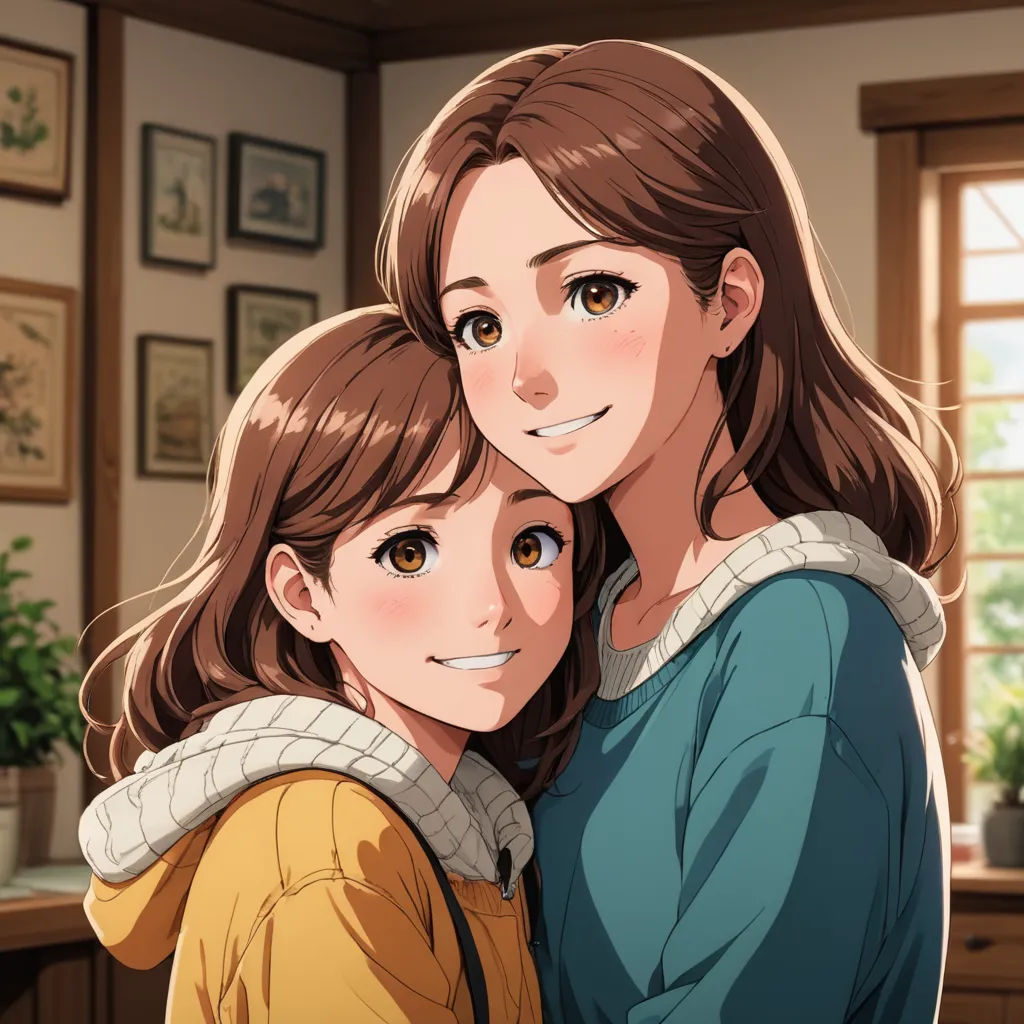 a woman and a child are hugging in a room with a window and a potted plant on the wall, sots art, a character portrait, Ayami Kojima, official art