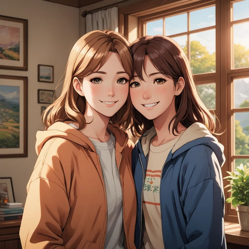 two young women standing next to each other near a window with a mountain view behind them and a potted plant, rayonism, a painting, Artgerm, official art