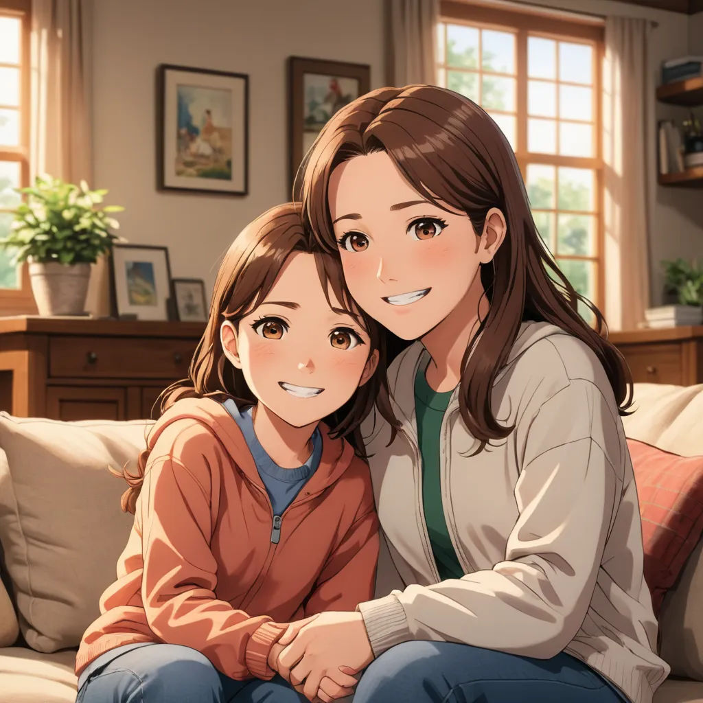 a woman sitting on top of a couch next to a child on her lap next to a window with a potted plant, sots art, a stock photo, Ai-Mitsu, official art