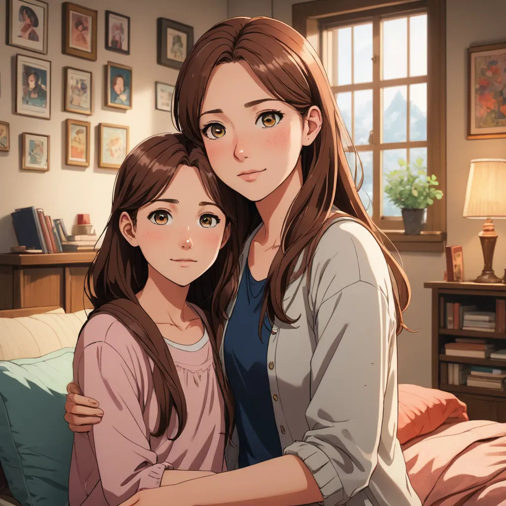 a woman and a girl sitting on a couch in a room with pictures on the wall and a lamp on, sots art, a storybook illustration, Artgerm, official art