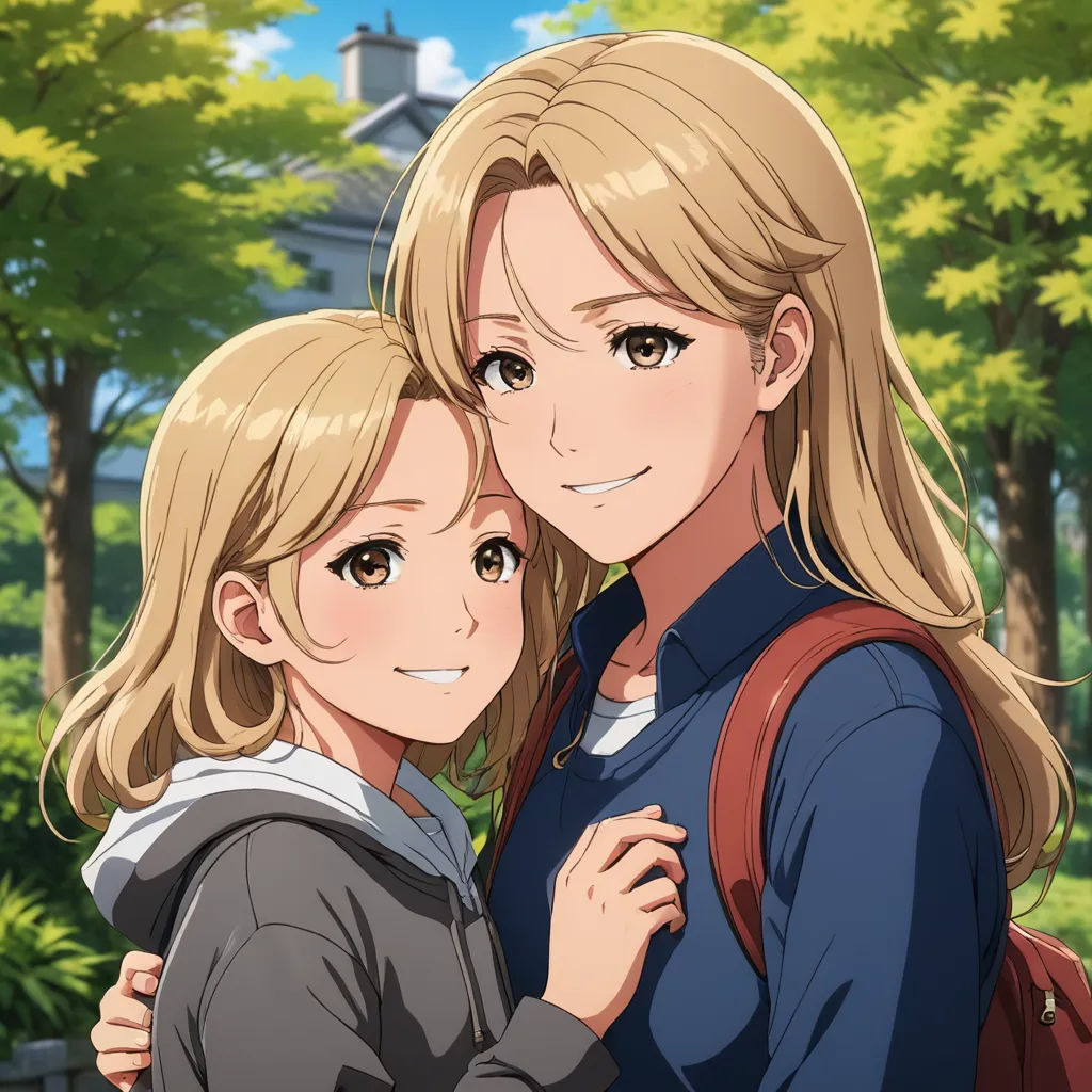 two girls are hugging each other in front of trees and bushes in a park, with a building in the background, sots art, concept art, Anne Said, official art