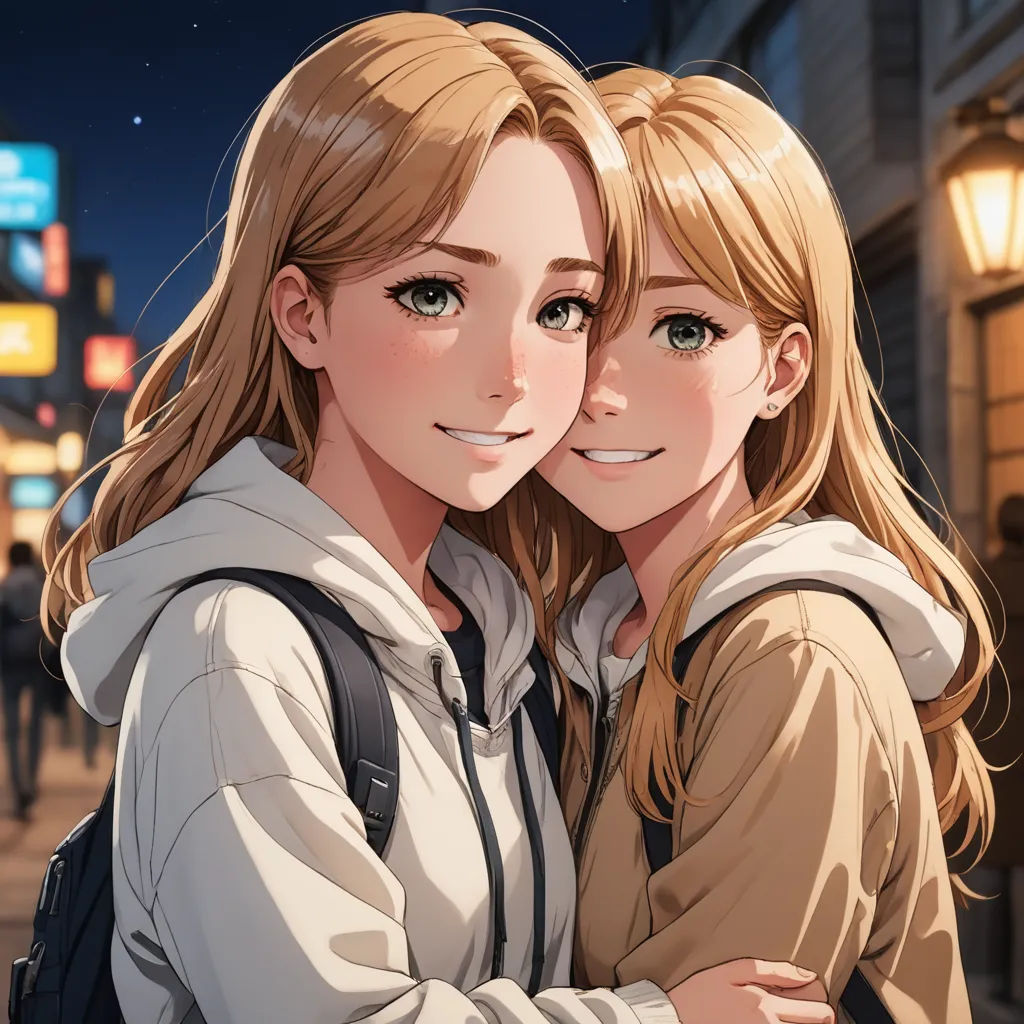 two girls hugging each other on a city street at night time with a full moon in the background and a city street sign in the foreground, rayonism, a character portrait, Artgerm, official art