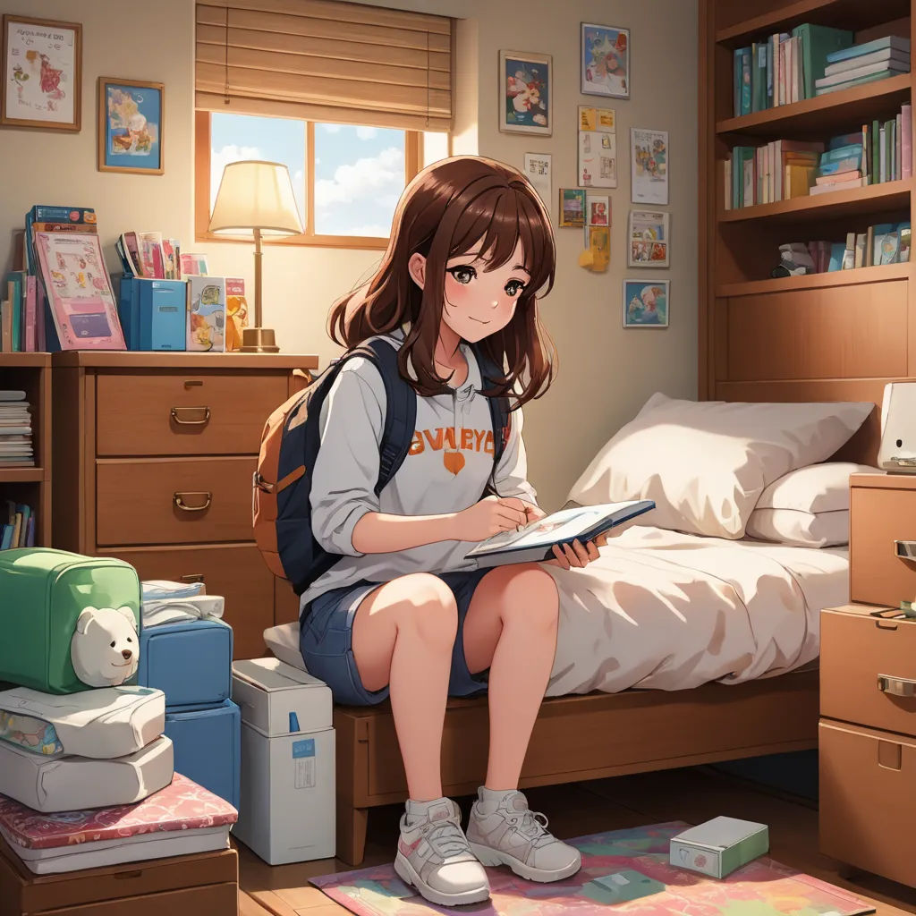 a girl sitting on a bed reading a book in a bedroom with a bookcase and a bed with a book, remodernism, a painting, artist, official art