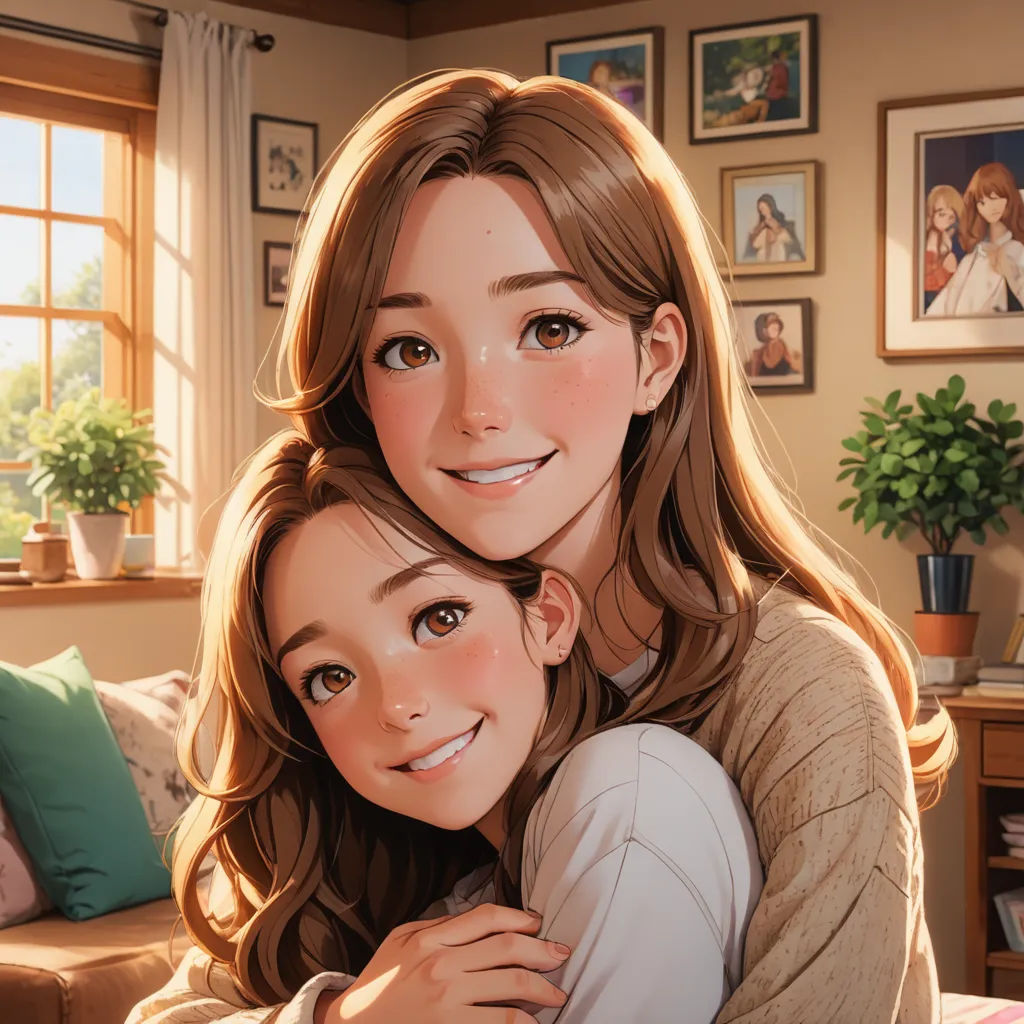 a woman hugging a young girl in a living room with a window behind her and a potted plant, remodernism, a storybook illustration, Artgerm, anime art