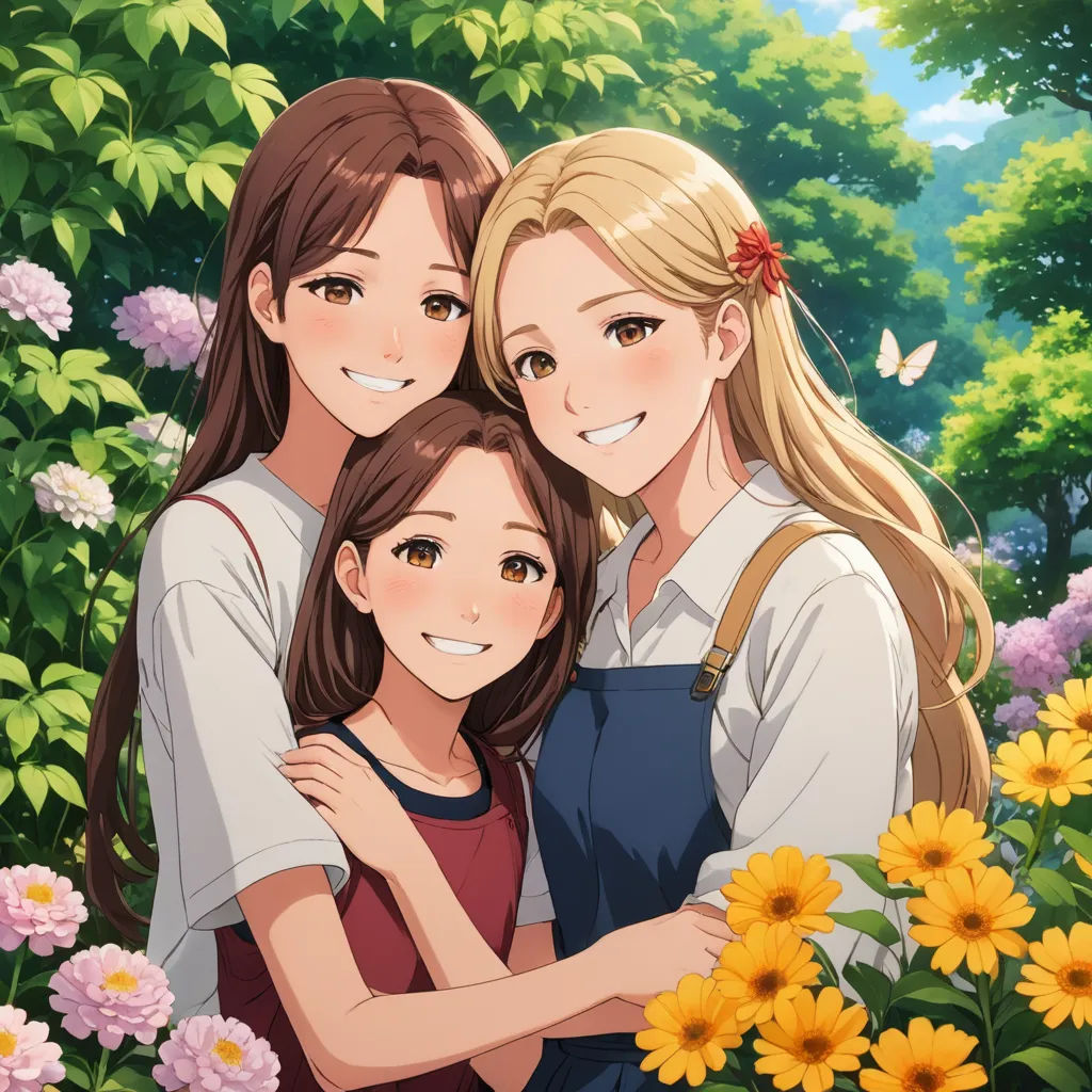 two girls hugging each other in a field of flowers and daisies with a butterfly on their forehead and a butterfly on her shoulder, sots art, concept art, Anne Said, official art