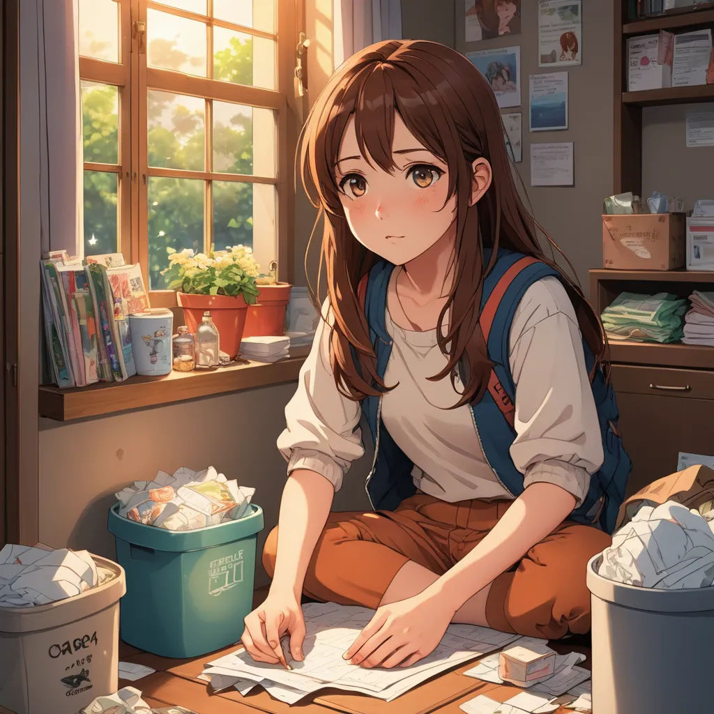 a girl sitting on a table with a book and papers in front of her and a bucket of trash, remodernism, a stock photo, artist, official art