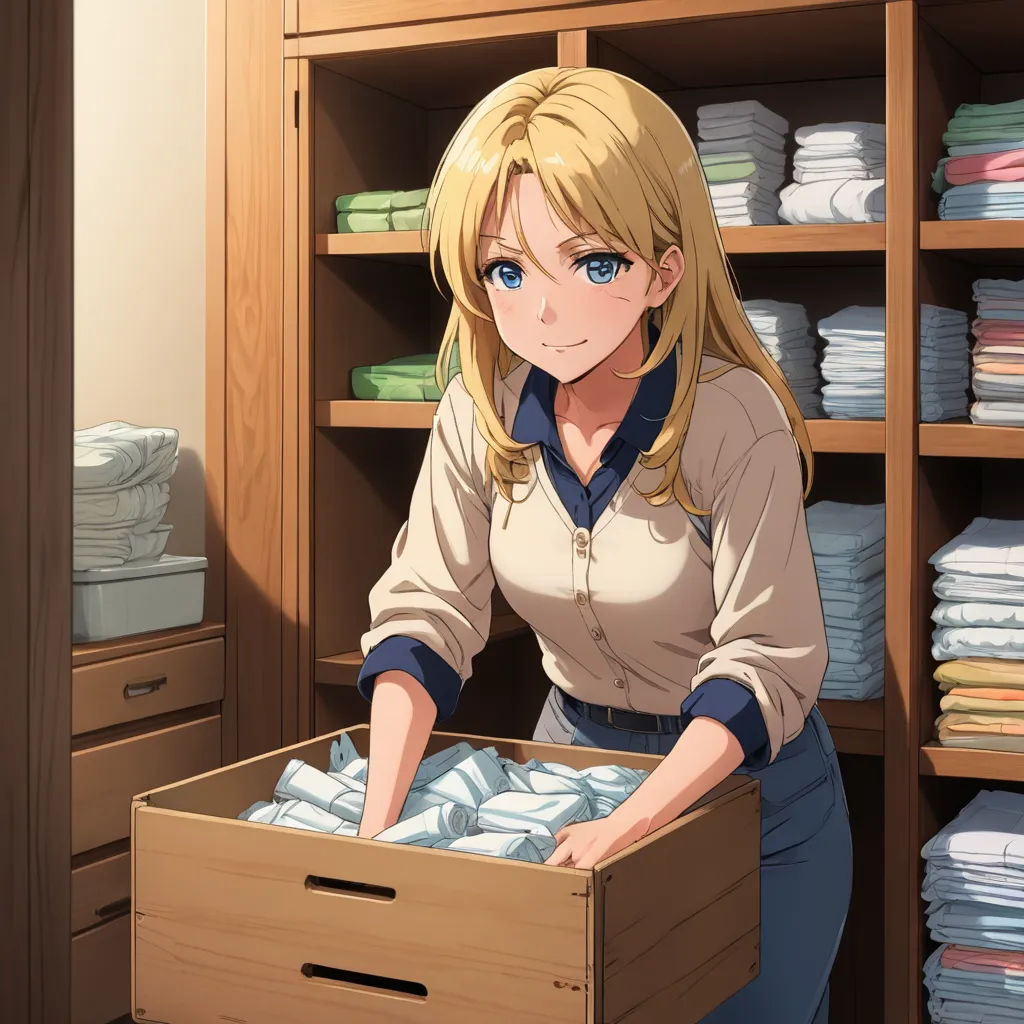 a woman is holding a box of folded clothes in a closet with shelves of folded clothes and folded folded shirts, remodernism, a stock photo, Aguri Uchida, official art