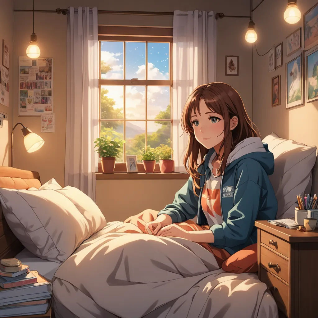 a girl sitting on a bed in a room with a window and a lamp on the wall above her, american scene painting, a painting, artist, official art