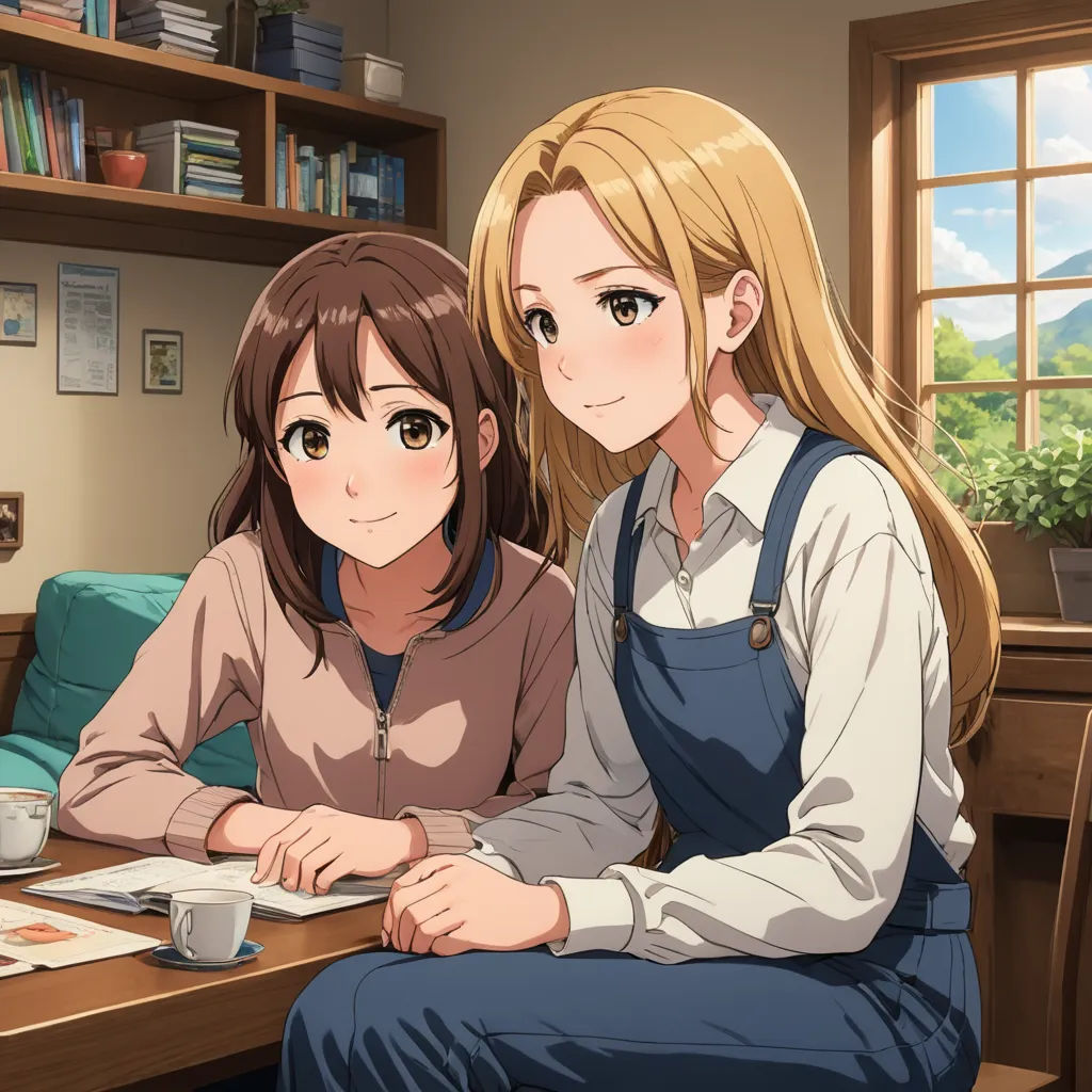 two anime girls sitting at a table with a laptop computer in front of them, one of them is looking at the camera, remodernism, a stock photo, Bourgeois, official art