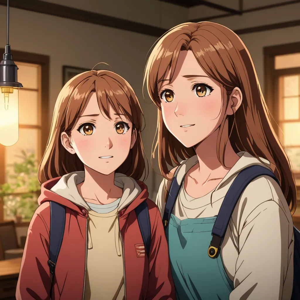 two anime girls standing next to each other in a room with a light bulb hanging from the ceiling and a window, sots art, a character portrait, Anne Said, official art
