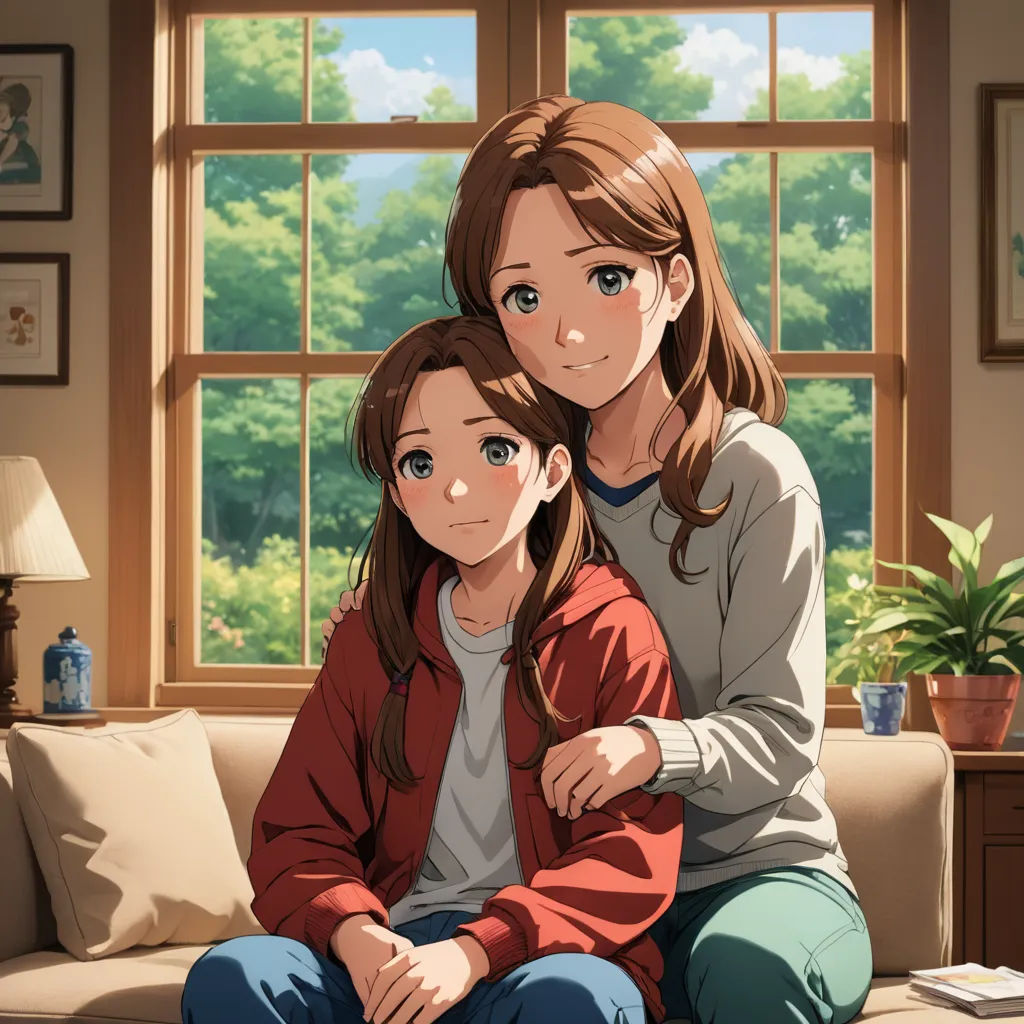 a woman and a child sitting on a couch in front of a window with a view of a forest, sots art, a painting, Anne Said, official art