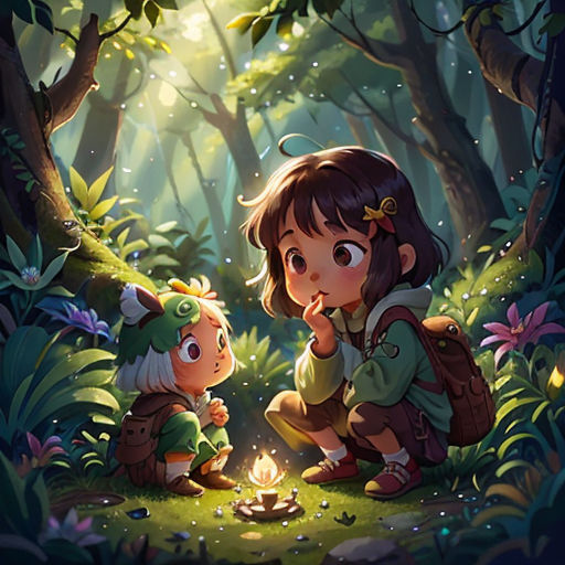 a little girl and a boy are sitting in the woods with a candle in their hands and looking at each other