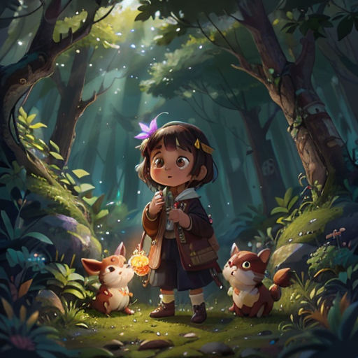 a girl standing in the middle of a forest with two animals next to her and a forest background with a forest scene