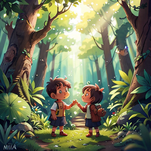 two children standing in the middle of a forest holding hands with each other and looking at the sun shining through the trees
