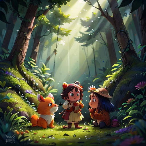 a group of children standing in the woods with a fox and a fox cub in front of them,