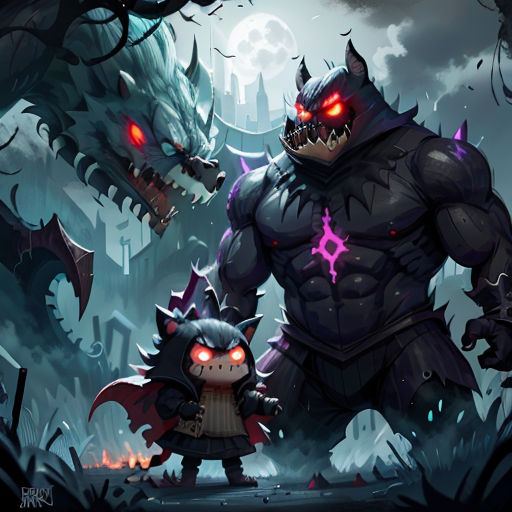 a demonic monster and a demon in a dark forest with red eyes and fangs on their faces, with a demon in the foreground