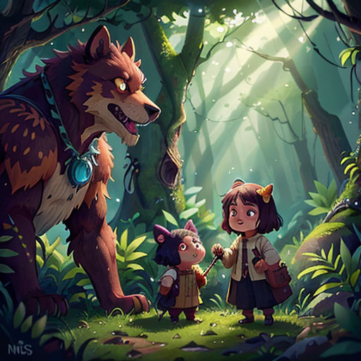 a girl and a wolf in a forest with a dog and a cat on the ground, and a forest with trees and bushes
