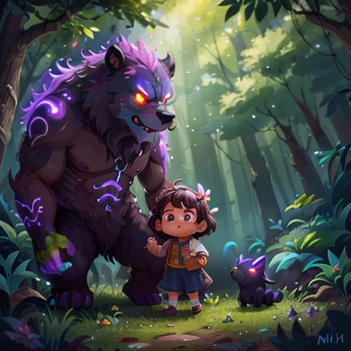 a girl and a big furry animal in the woods with a glowing eye on their face and a glowing bear behind her