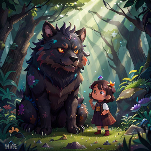 a girl and a wolf in a forest with sunlight streaming through the trees and leaves on the ground, with a forest background