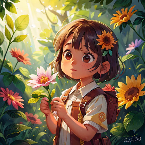 a girl holding a flower in a forest with sunflowers on the ground and a forest background with sunflowers
