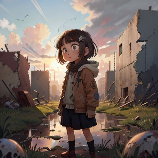 a girl standing in a dirty area with a bunch of balls in the background and a building in the background