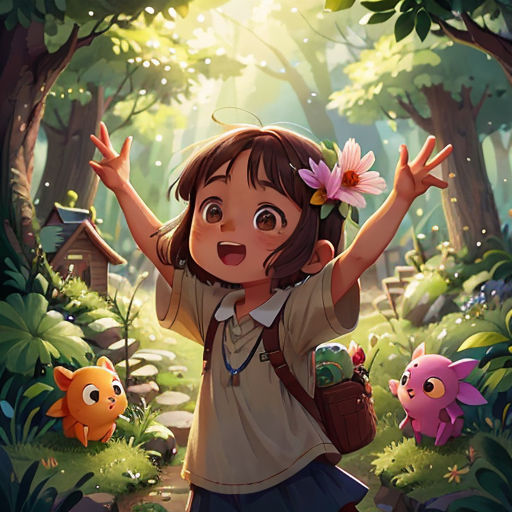 a girl with a flower in her hair standing in the woods with her arms outstretched and her hands up