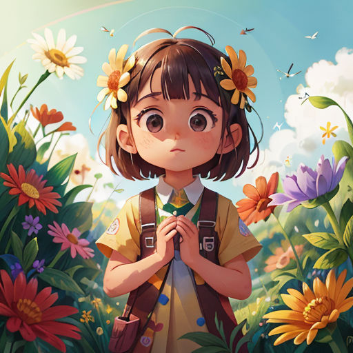 a girl standing in a field of flowers with her hands folded up in front of her chest and looking at the camera