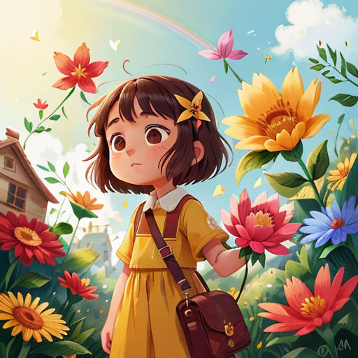 a girl in a yellow dress standing in a field of flowers with a house in the background and a rainbow in the sky
