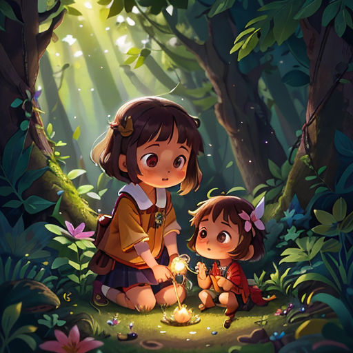 two children sitting in the woods with a candle in their hand and a light shining on them, with a forest background
