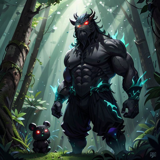 a man in a forest with a demon face on his face and a mouse in his hand, with a red light on his face