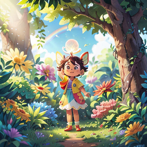 a girl standing in the middle of a forest with a rainbow in the background and flowers around her,