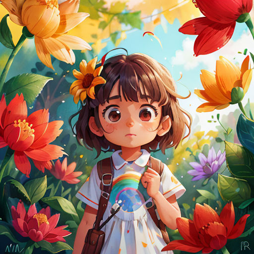 a girl in a field of flowers with a backpack on her shoulder and a rainbow in her hand, looking at the camera
