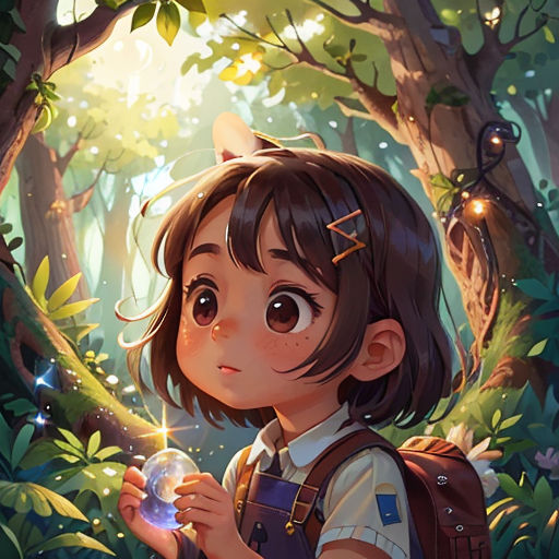 a girl in a forest holding a crystal ball in her hand and looking at it with a light shining through the trees