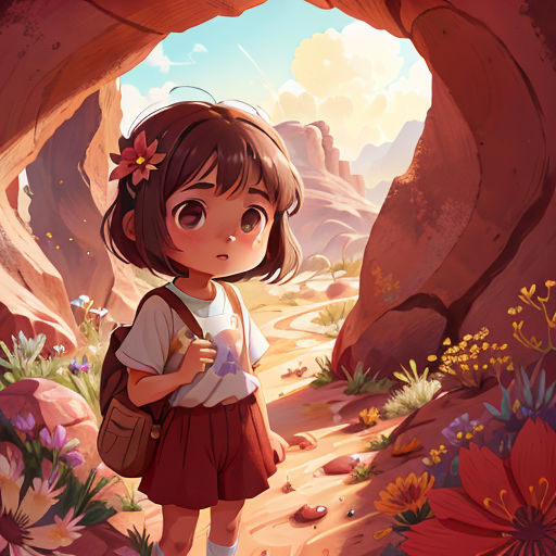 a girl with a backpack is standing in a cave with flowers and rocks in the background and a mountain in the background