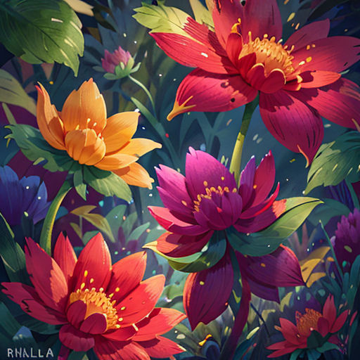 a painting of a bunch of flowers in a field of grass and flowers with a blue sky background and a green leafy area