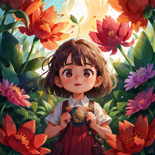 a girl in a red dress holding a flower in front of a flower garden with red flowers and a sun