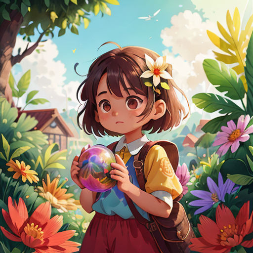 a girl holding a ball in a garden with flowers and trees in the background, and a house in the background