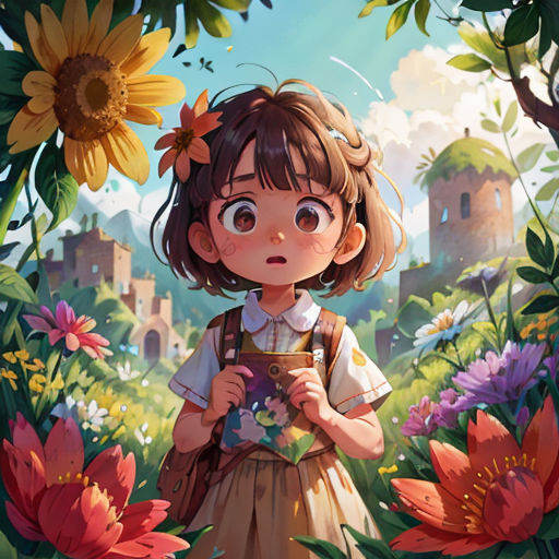 a girl standing in a field of flowers holding a flower pot and looking at a flower in her hand