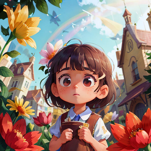a girl standing in a field of flowers with a rainbow in the background and a building in the background